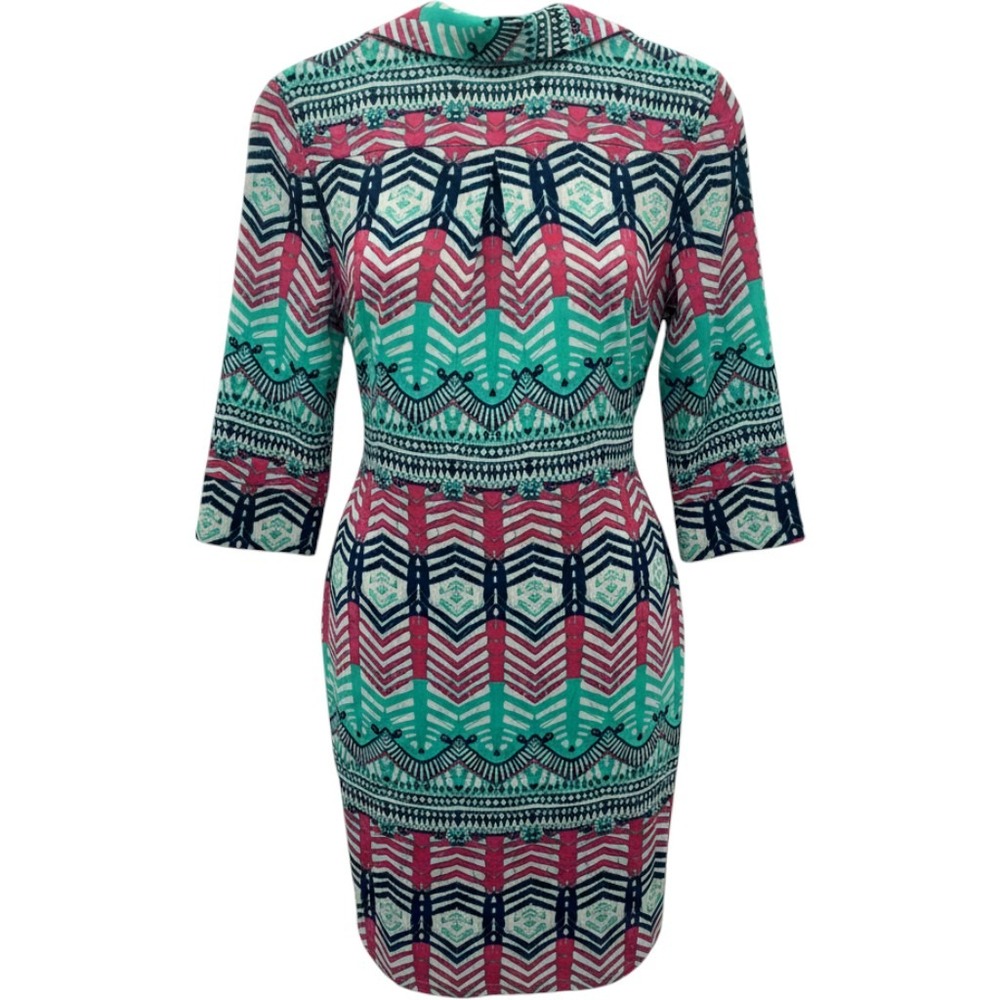 Tracy Negoshian Shift Dress Womens XS Pink Teal Geometric Chevron 3/4 Sleeve - Picture 2 of 7